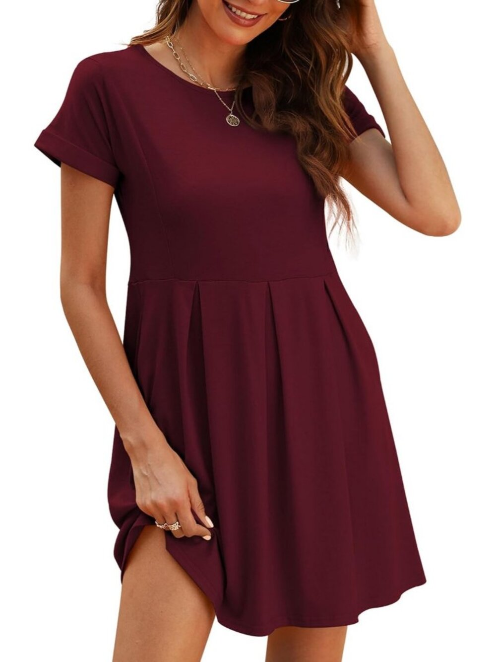Women's Solid Wine Red Summer Mini Dress Short Sleeve A-Line with Pockets